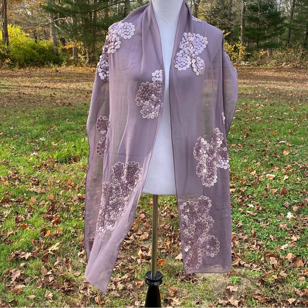 BAYAA SCARF PALE PURPLE SHEER SILK SEQUINS PAILLETTES LARGE RECTANGLE ACCESSORY